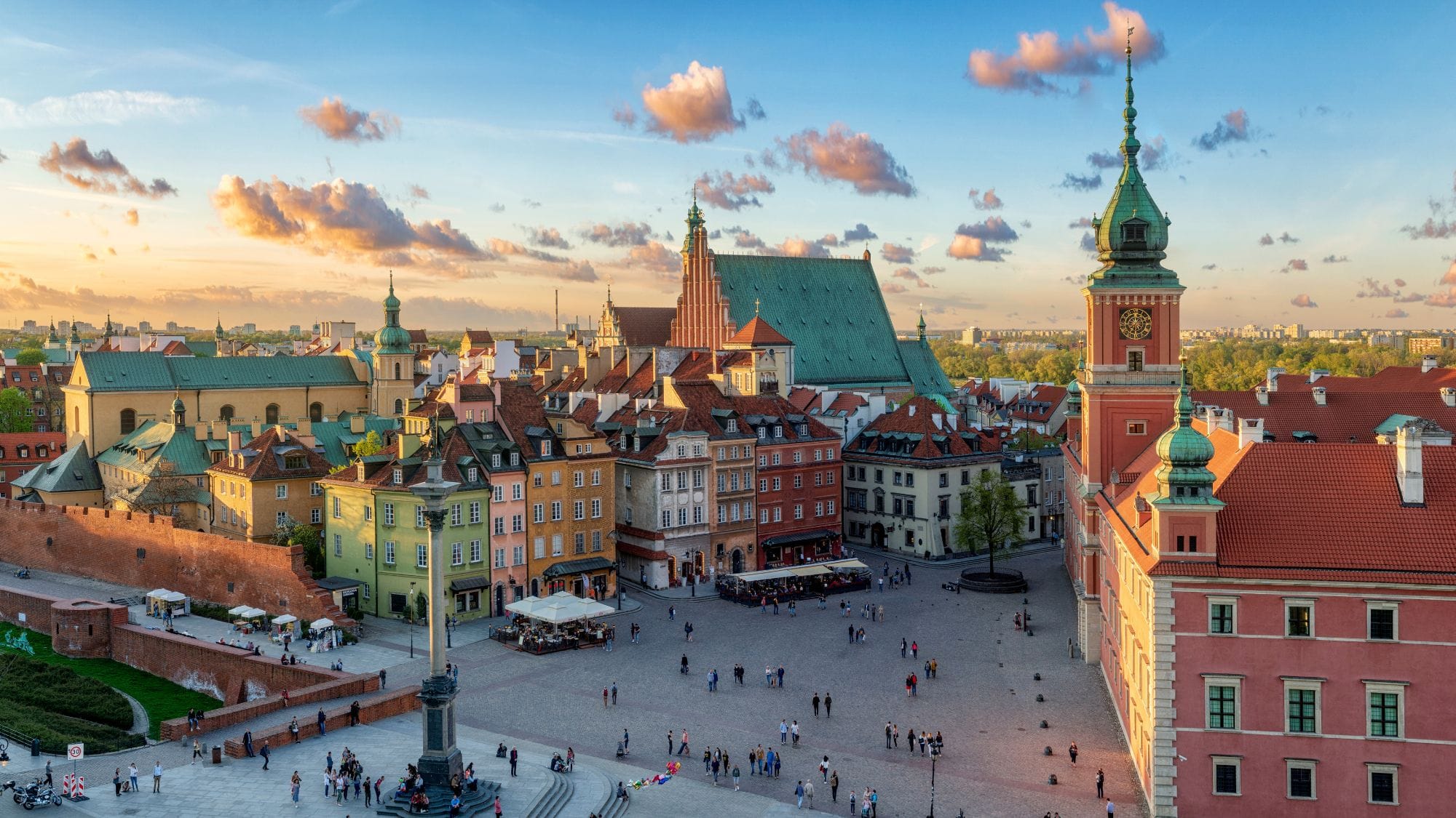 The Royal Castle and Old Town in Warsaw, at sunset.